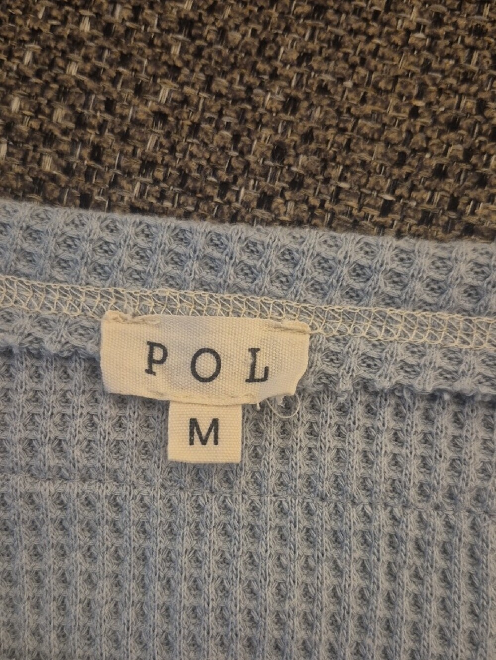 POL Light Blue Waffle Knit Patchwork Peace Sign Sweatshirt - Picture 7 of 9